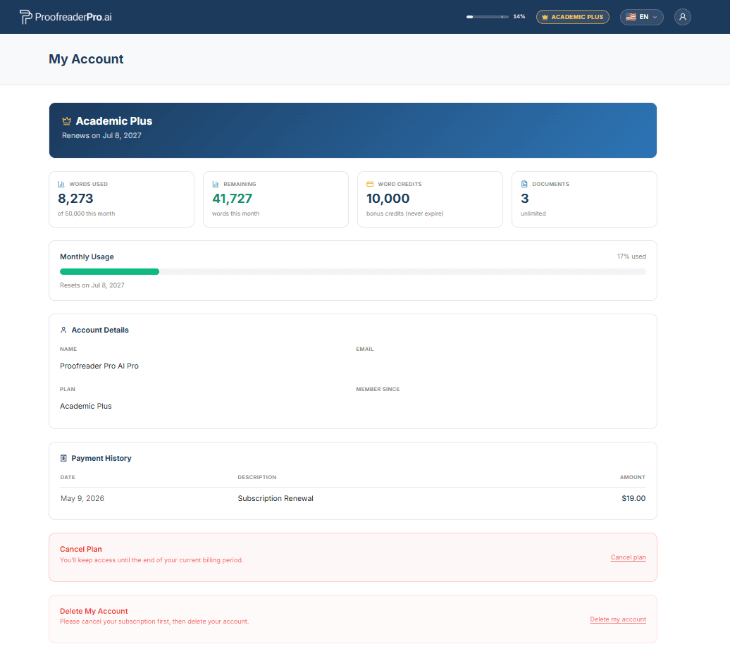 Account page with plan and usage overview, payment history, and the Cancel Plan and Delete My Account sections at the bottom