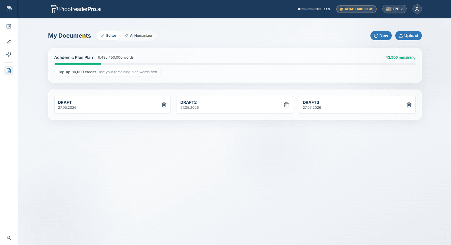ProofreaderPro.ai dashboard home: My Documents list with the Editor and AI Humanizer tabs, plan usage bar, and the collapsed side panel rail