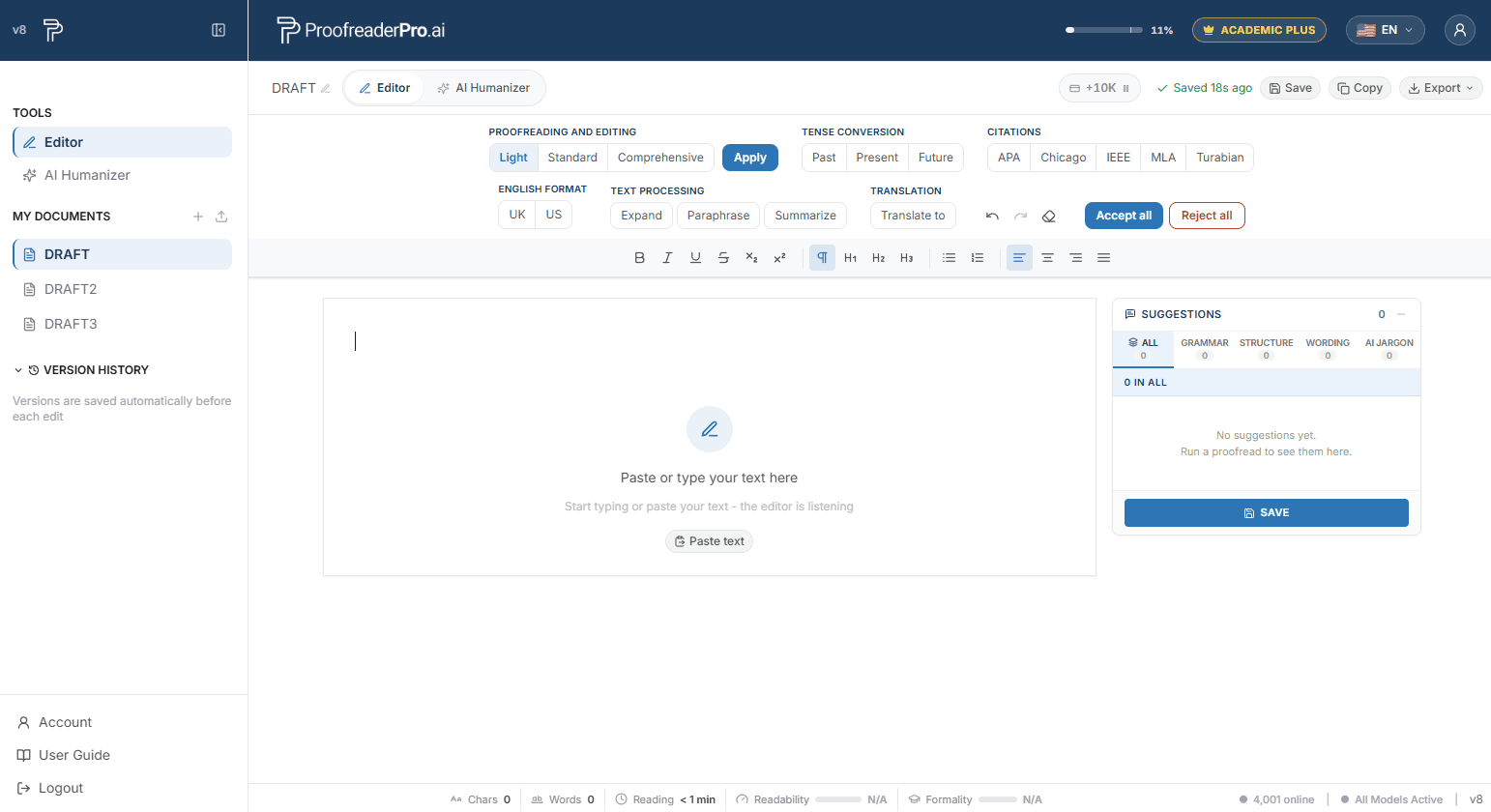 ProofreaderPro.ai editor: toolbar with proofreading depths, tense conversion, citations, UK/US format, text processing and translation, the suggestions panel on the right, and the metrics bar at the bottom