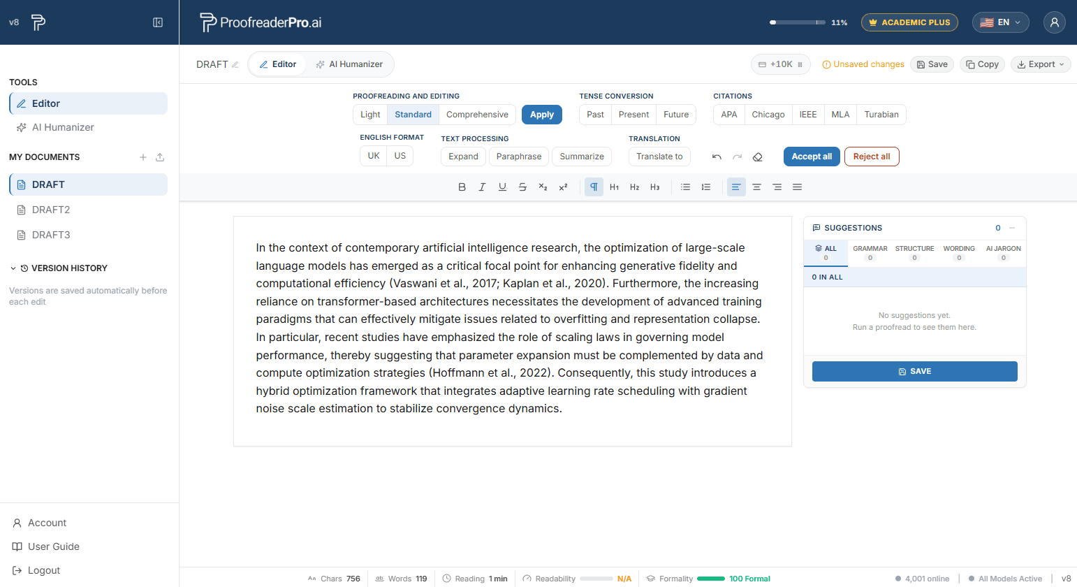 Editor with text pasted in, ready to proofread: the Standard depth is selected and the Apply button starts the pass