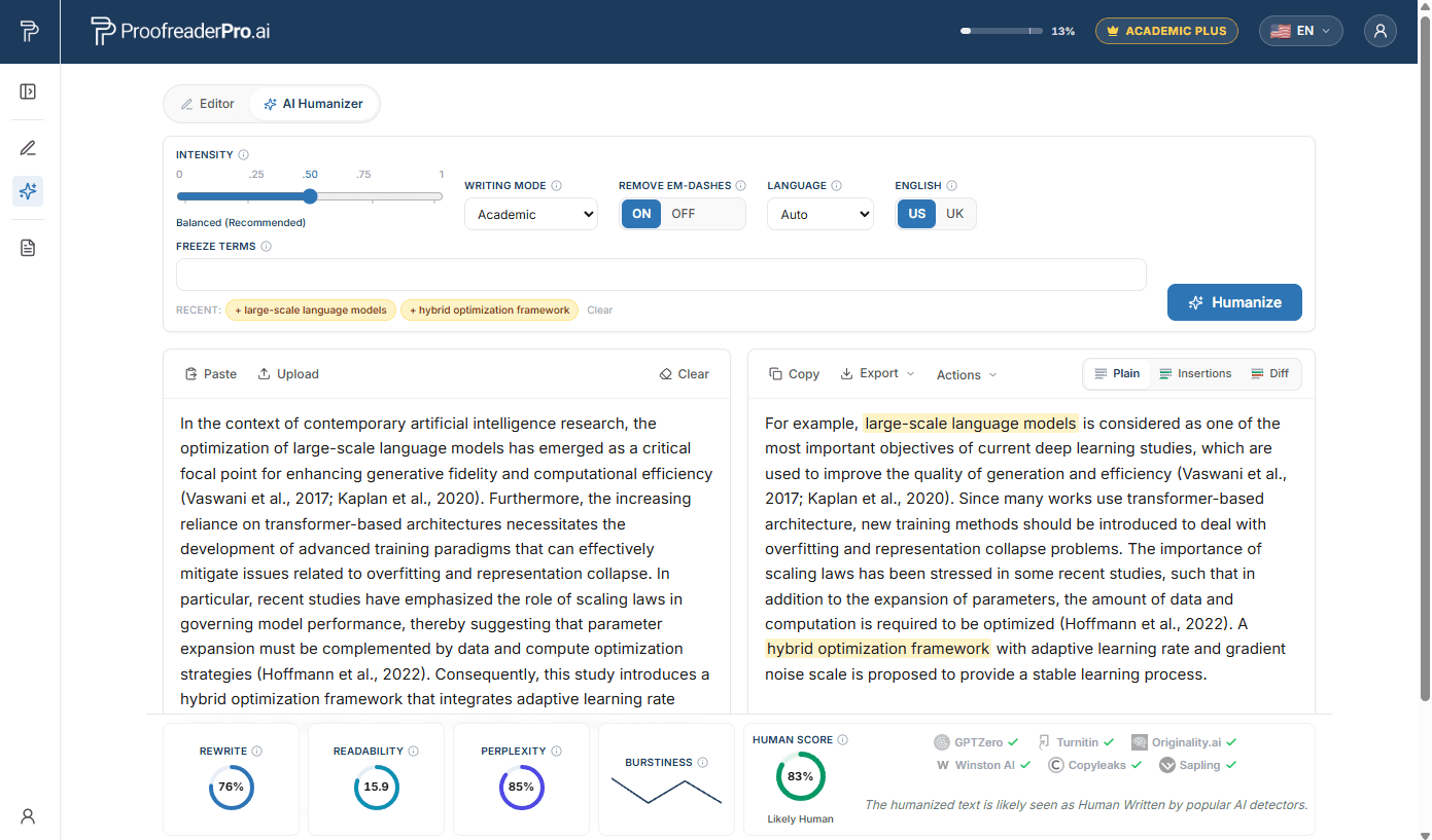 Freeze terms preserved through humanization: the protected phrases are highlighted in amber in the output and appear as one-click reuse chips under the field