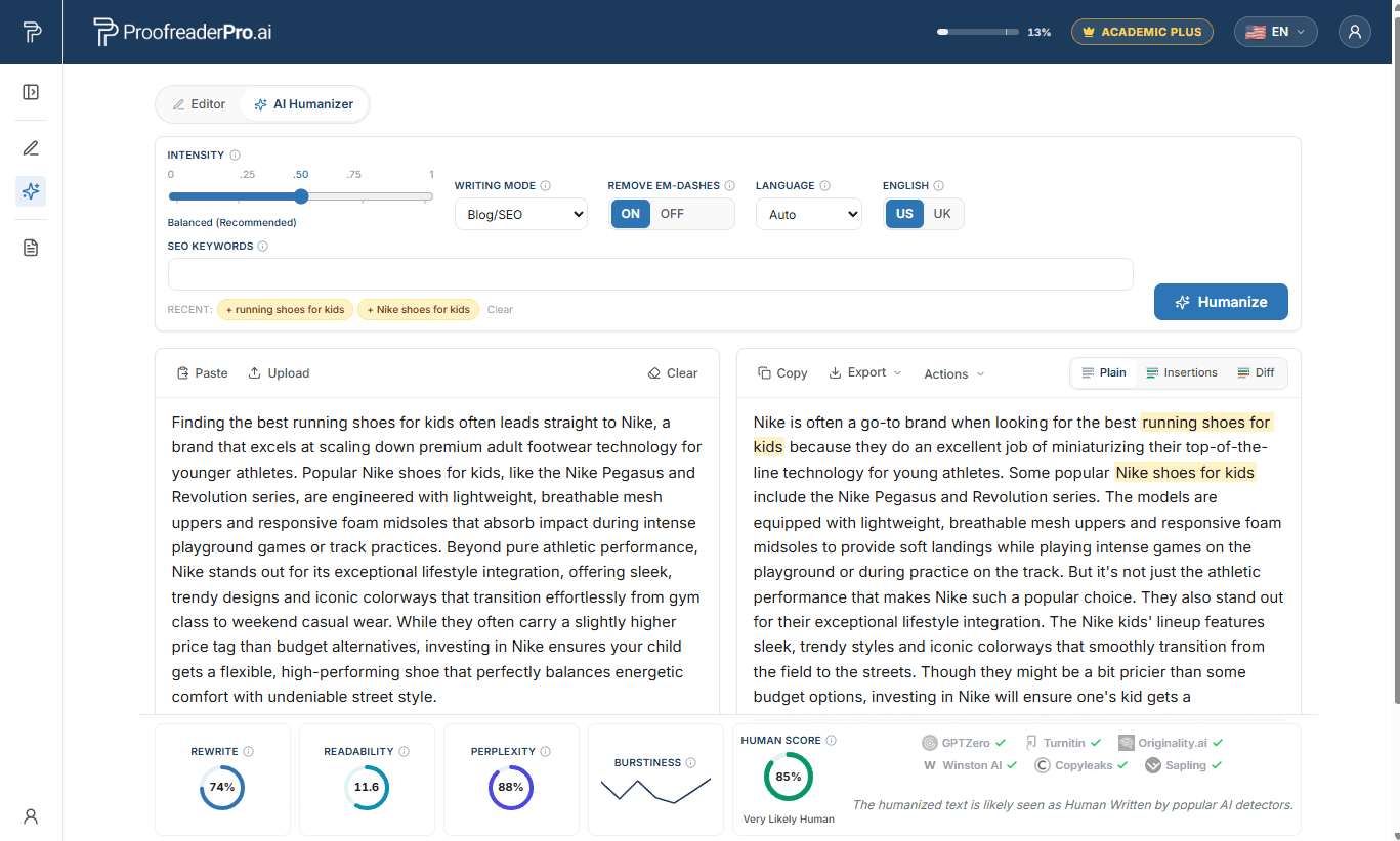 Blog/SEO mode with SEO keywords: the protected primary and long-tail keywords survive the rewrite and are highlighted in amber in the humanized output