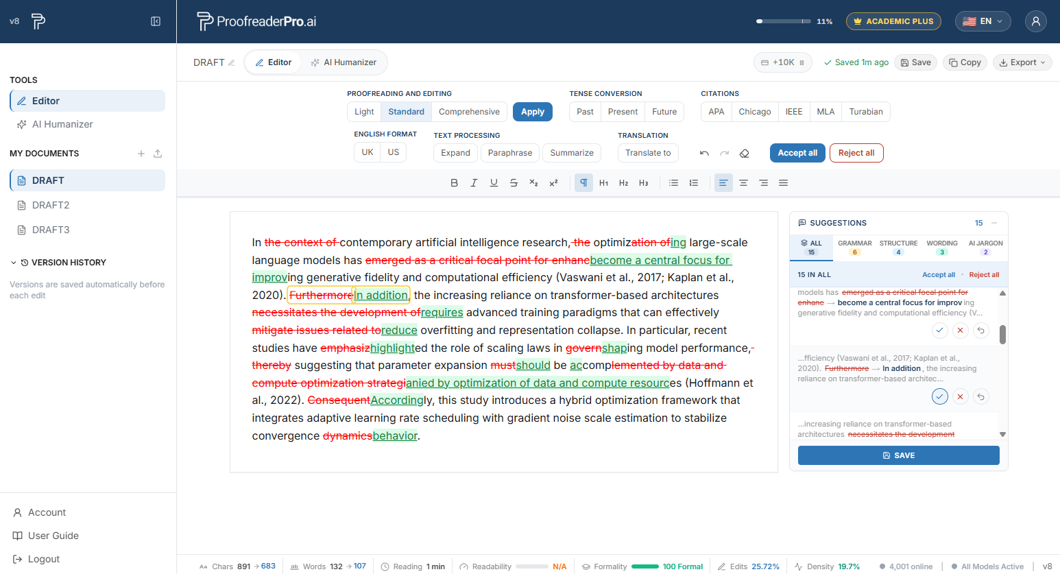 Suggestions panel with edits grouped by category; the clicked suggestion is highlighted in yellow in the document text
