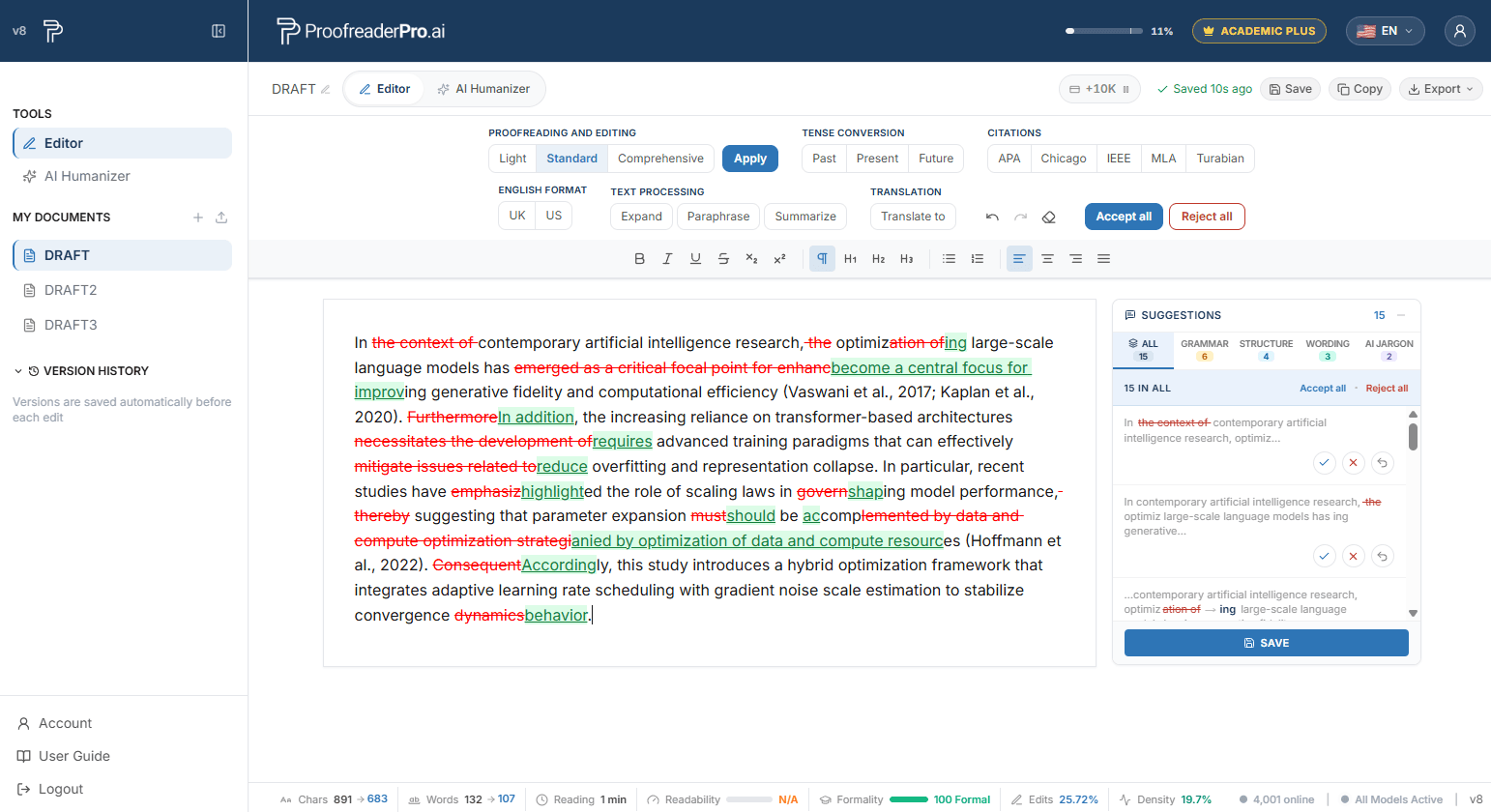 Proofread document with tracked changes: deletions in red strikethrough, insertions in green underline, with per-suggestion accept and reject controls and edit metrics in the bottom bar