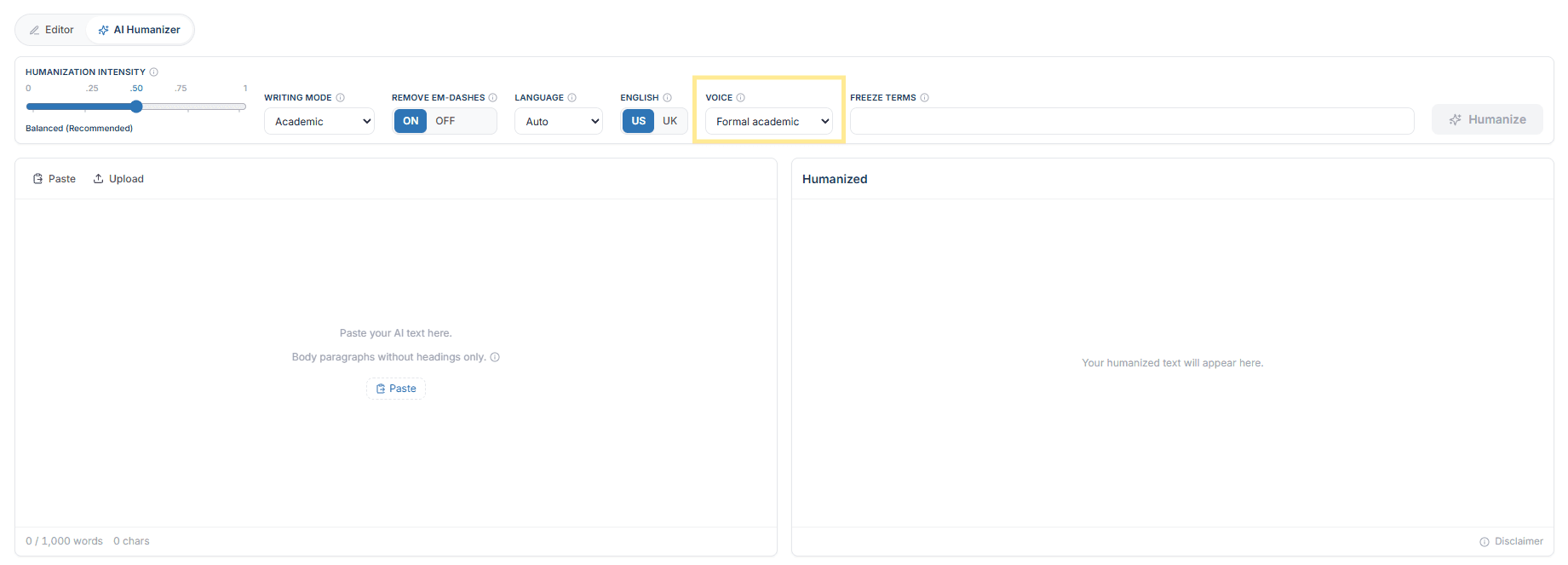 The AI Humanizer control rail with the Voice dropdown highlighted and set to Formal academic, between the US/UK English toggle and the Freeze terms field