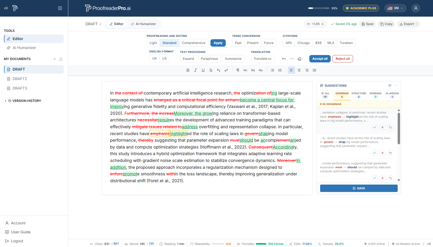 The ProofreaderPro editor showing an academic manuscript with tracked grammar and wording changes, a categorized AI suggestions panel, and one-click accept/reject controls for researchers