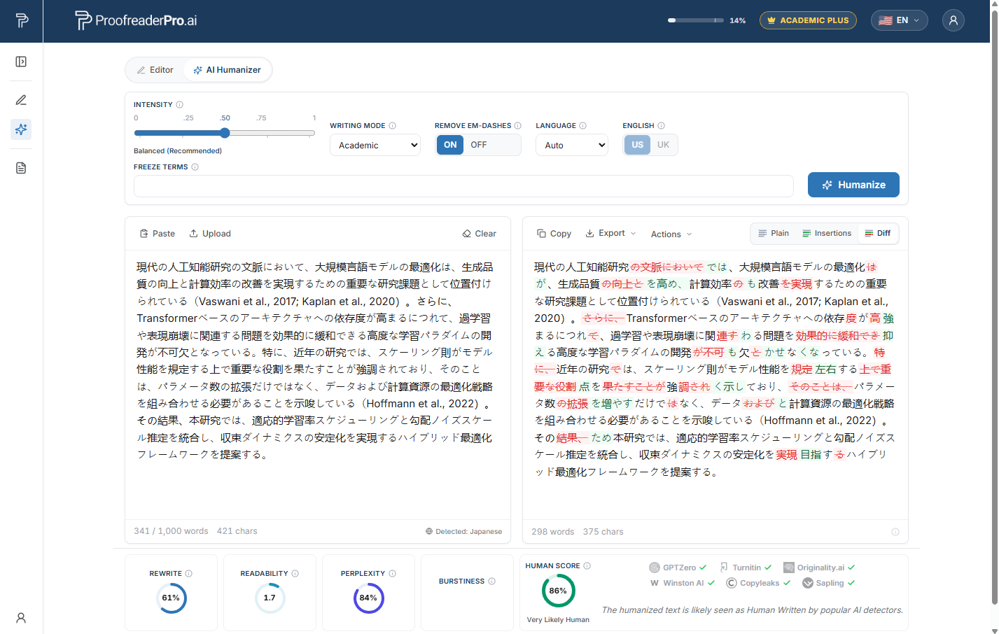 AI Humanizer auto-detecting Japanese and humanizing the text with tracked differences