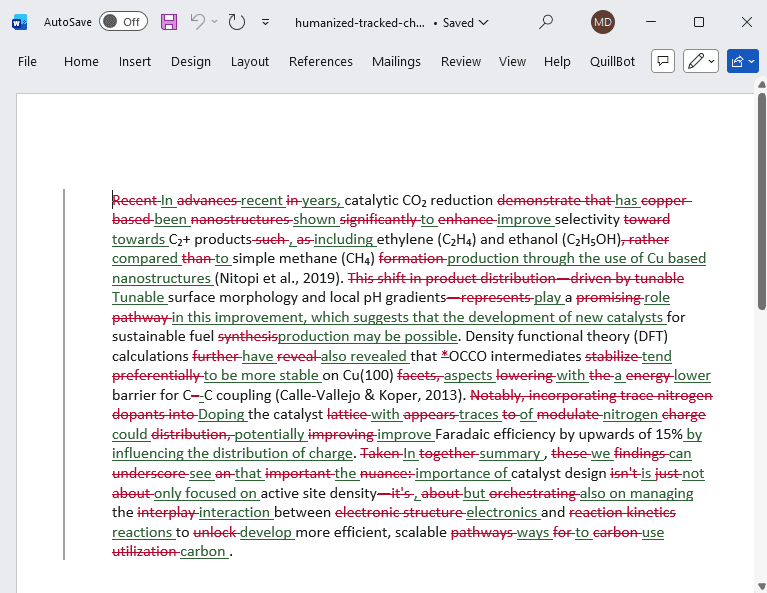 Humanized text with tracked changes opened in Microsoft Word
