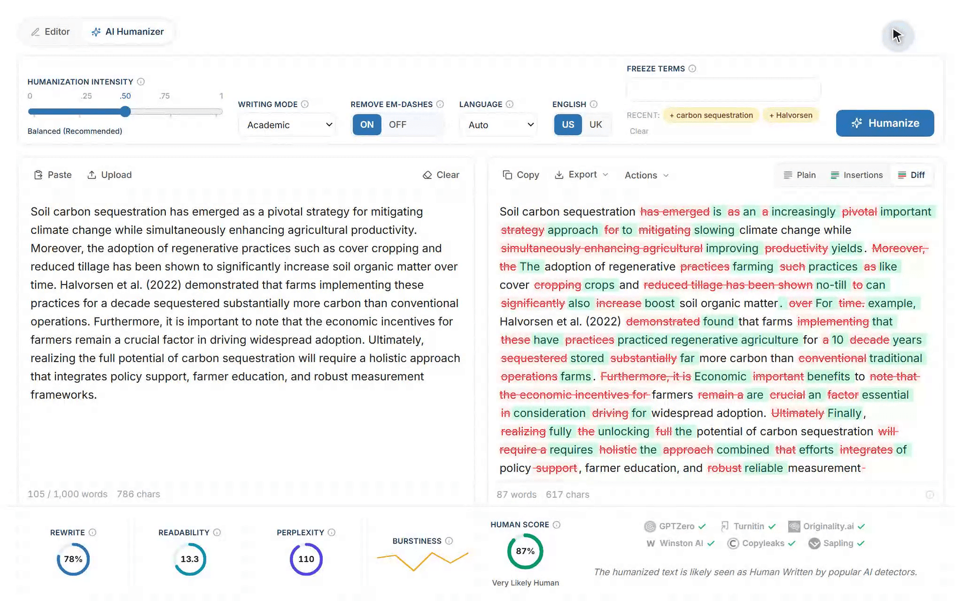 ProofreaderPro AI Humanizer पर एक वास्तविक पास की स्क्रीन रिकॉर्डिंग: AI-जनित पाठ चिपकाया जाता है, तीव्रता और Academic मोड सेट किए जाते हैं, freeze terms टाइप किए जाते हैं, और मानवीकृत आउटपुट diff view में Human Score और मेट्रिक्स के साथ दिखाई देता है