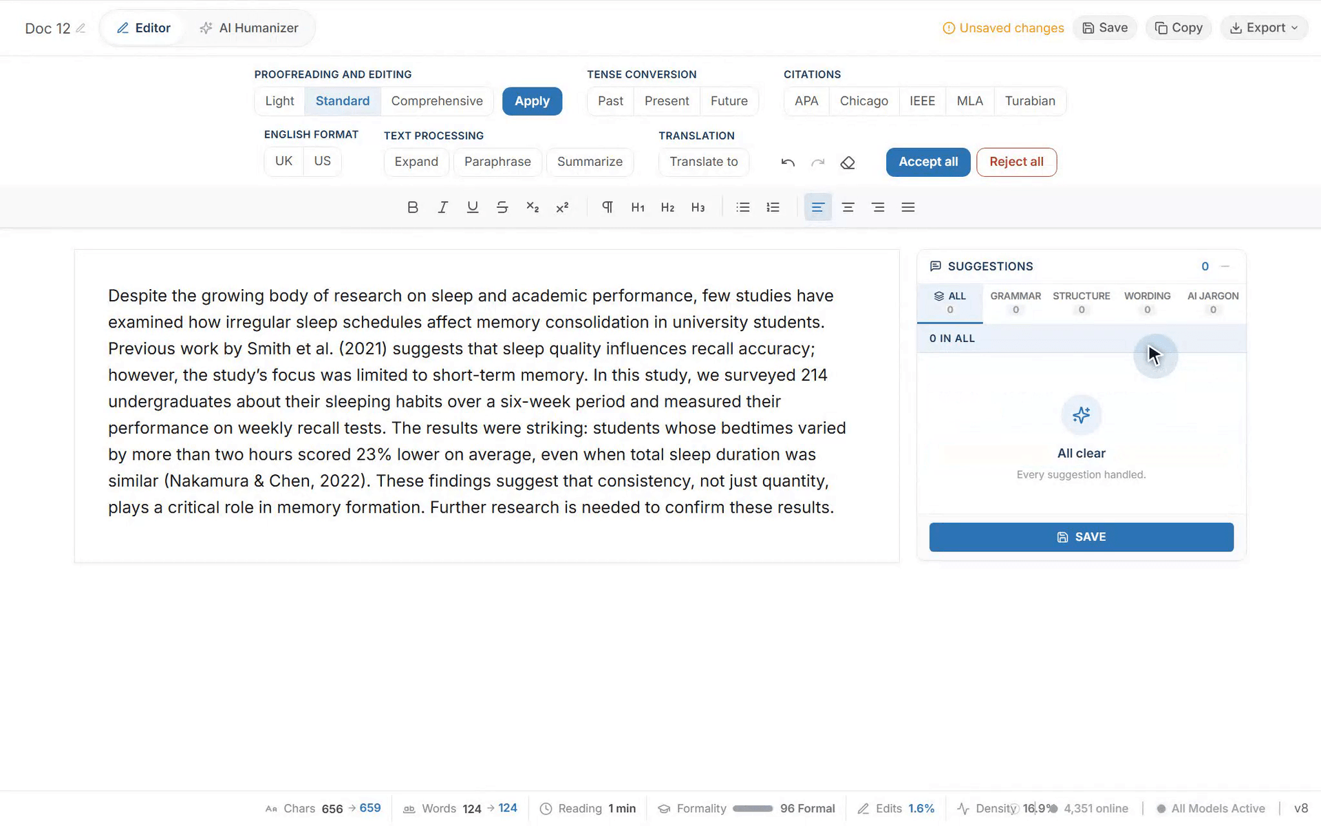 ProofreaderPro ایڈیٹر کی اسکرین ریکارڈنگ، جس میں ایک اکیڈمک پیراگراف کی پروف ریڈنگ ہو رہی ہے: ایک خام مسودہ پیسٹ کیا جاتا ہے، Standard depth pass چلتا ہے، ترامیم tracked changes کے طور پر ظاہر ہوتی ہیں، categorized suggestions panel دکھائی دیتی ہے، اور Accept all انہیں درست شدہ متن میں بدل دیتا ہے
