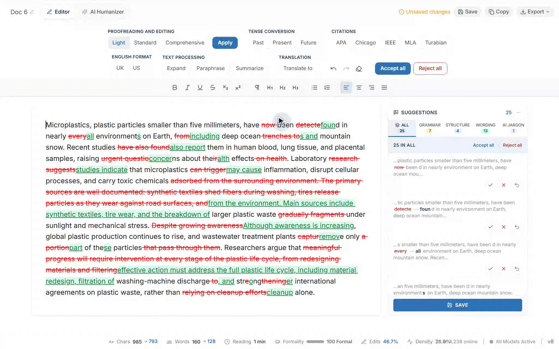 ProofreaderPro ایڈیٹر کی اسکرین ریکارڈنگ، جس میں ایک تحقیقی عبارت کا خلاصہ بنایا جا رہا ہے: متن پیسٹ کیا جاتا ہے، Summarize pass چلتا ہے، اور مختصر شدہ ورژن tracked changes، suggestions panel، اور edit metrics کے ساتھ ظاہر ہوتا ہے