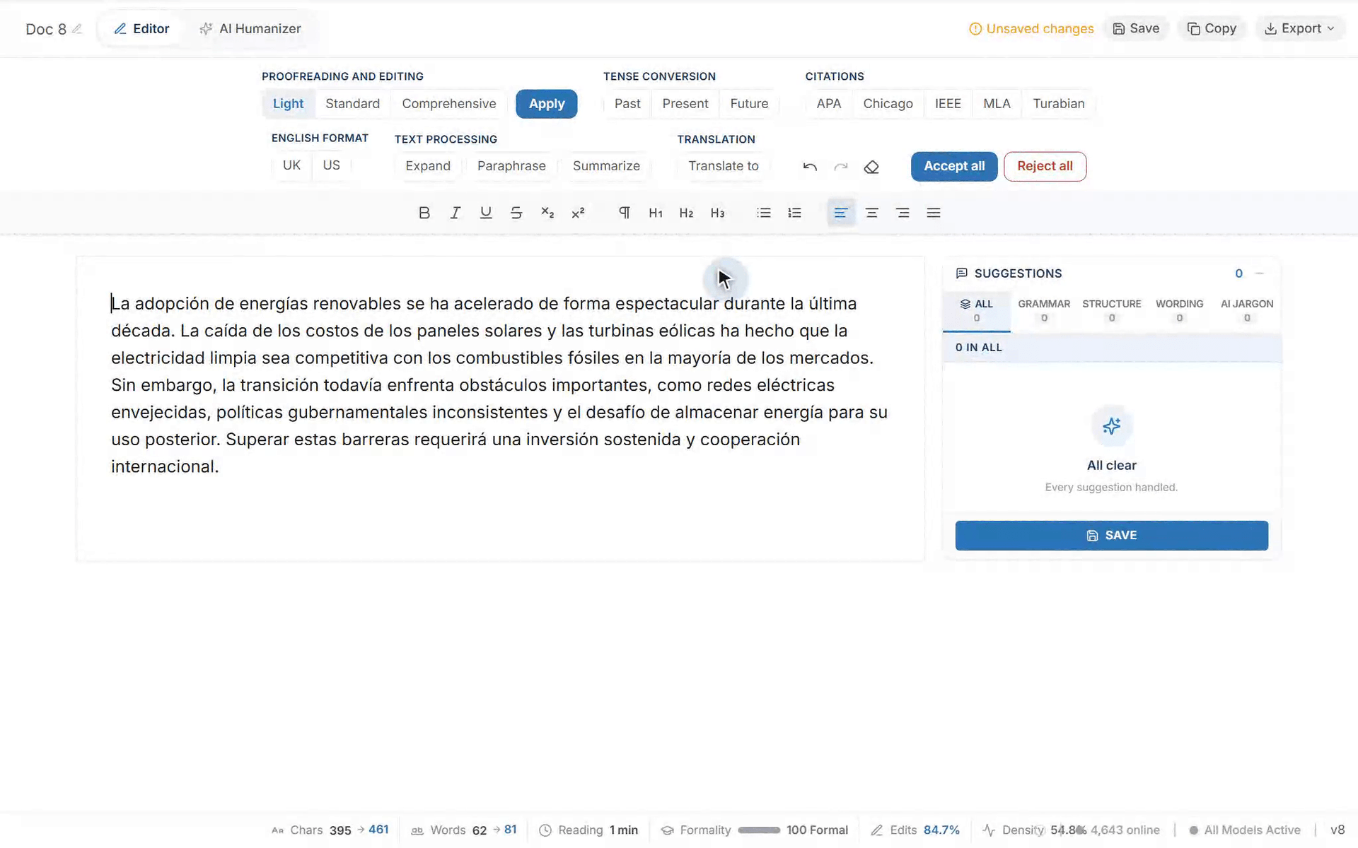 ضبط صفحه از ویرایشگر ProofreaderPro که در حال ترجمه یک پاراگراف دانشگاهی به اسپانیایی است: متن جایگذاری میشود، اسپانیایی از منوی زبان انتخاب میشود، ترجمه به صورت تغییرات ردیابیشده ظاهر میشود و Accept all آن را به متن تمیز اسپانیایی تبدیل میکند