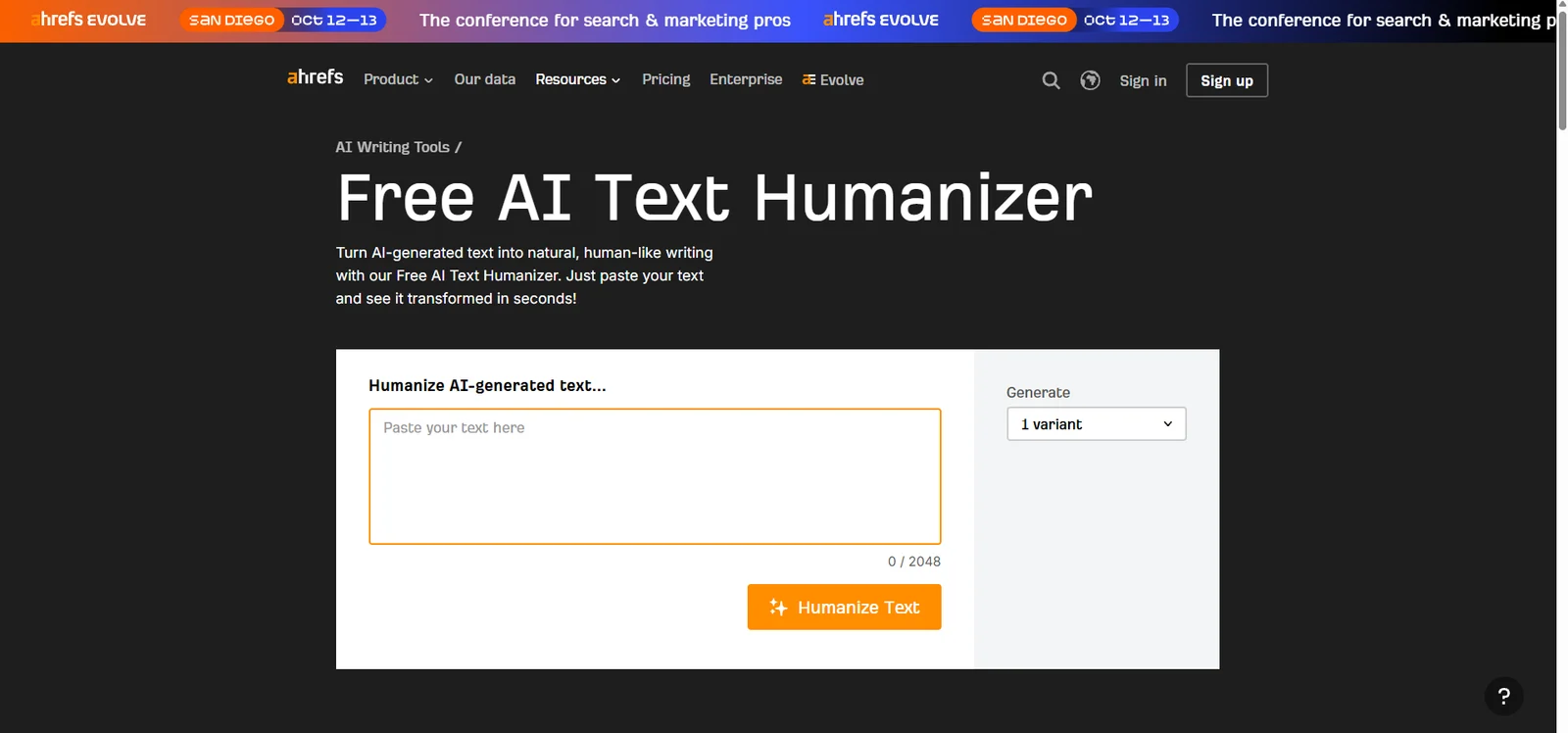 Ahrefs' Free AI Text Humanizer page, with a text box, a one-variant setting and an orange Humanize Text button