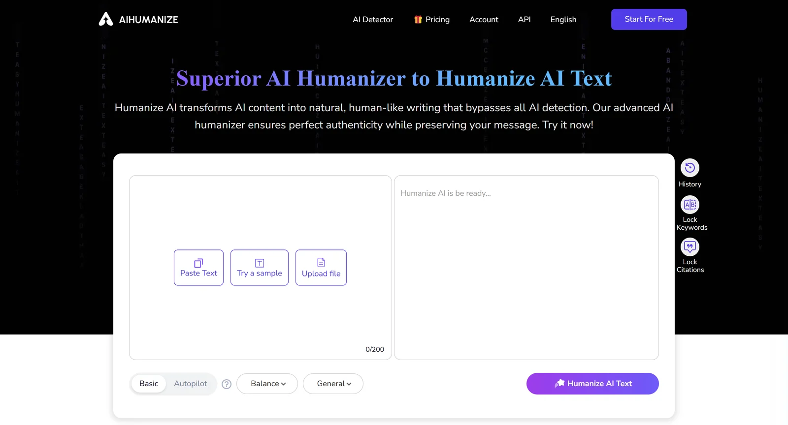 صفحه humanizer در AIHumanize.io با تبهای حالت Basic و Autopilot، منوهای Balance و General، یک کادر متن با شمارنده 200 کلمه و دکمه Humanize AI Text