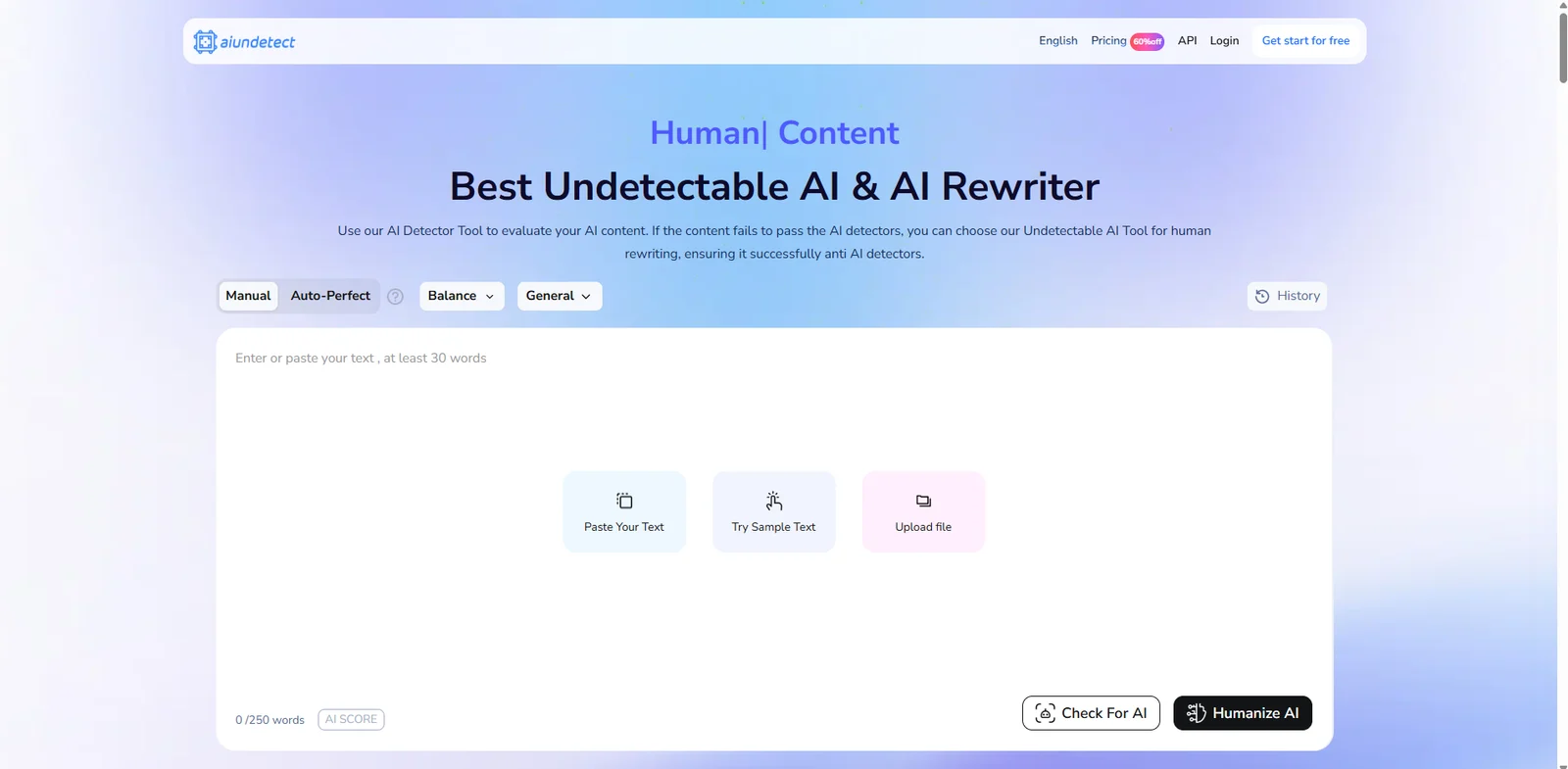 AIUndetect's homepage, with Manual and Auto Perfect modes, rewrite settings and buttons to paste text, try a sample or upload a file