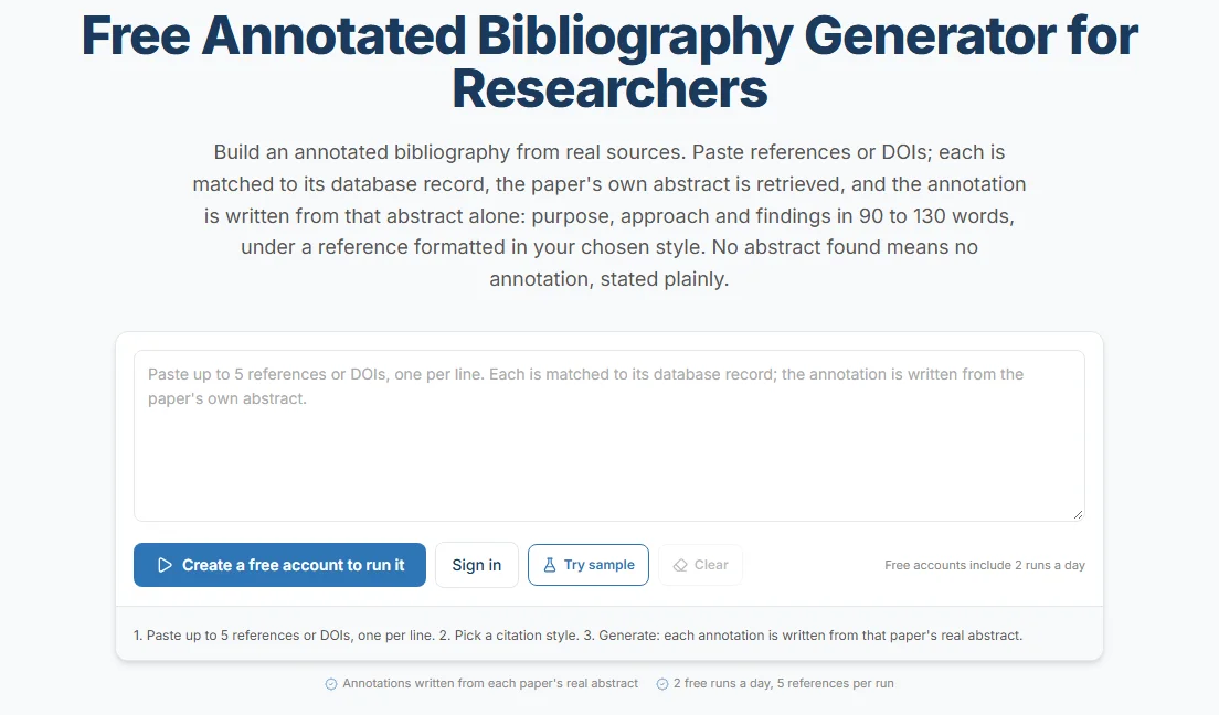 ProofreaderPro.ai annotated bibliography generator, with a box for up to five references or DOIs and a note that each annotation is written from the paper's own abstract