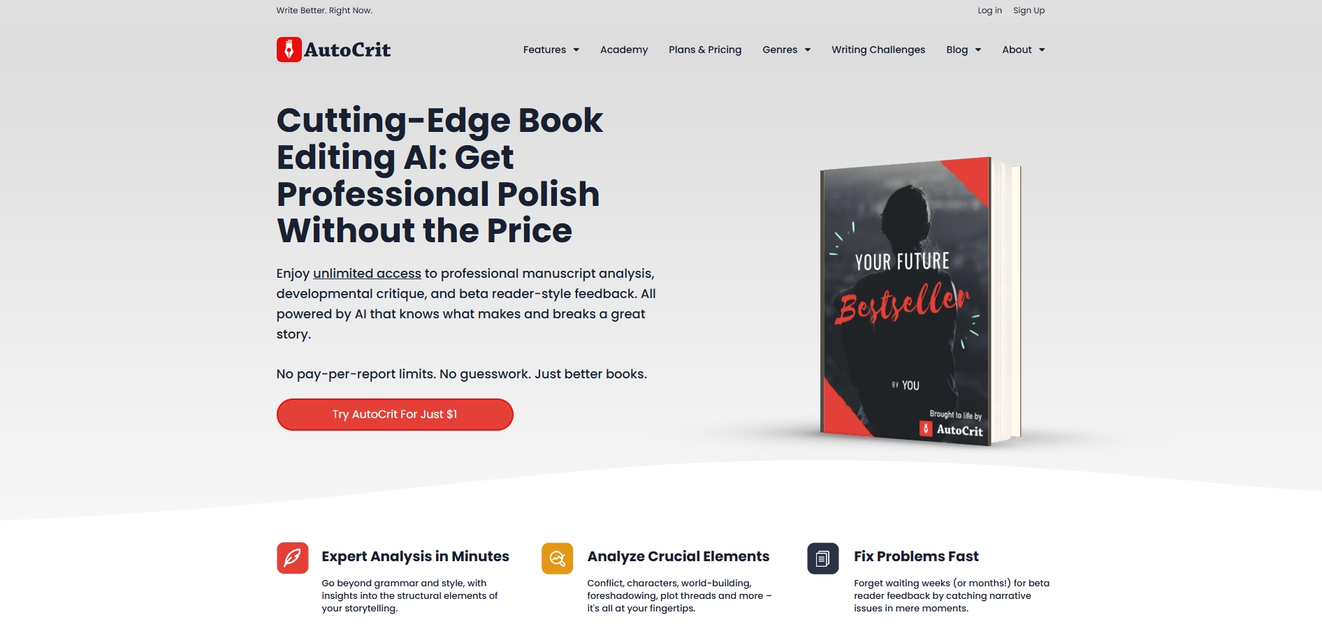 AutoCrit का homepage जो book editing AI को pitch कर रहा है, जिसमें unlimited manuscript analysis, developmental critique, और beta reader style feedback शामिल हैं