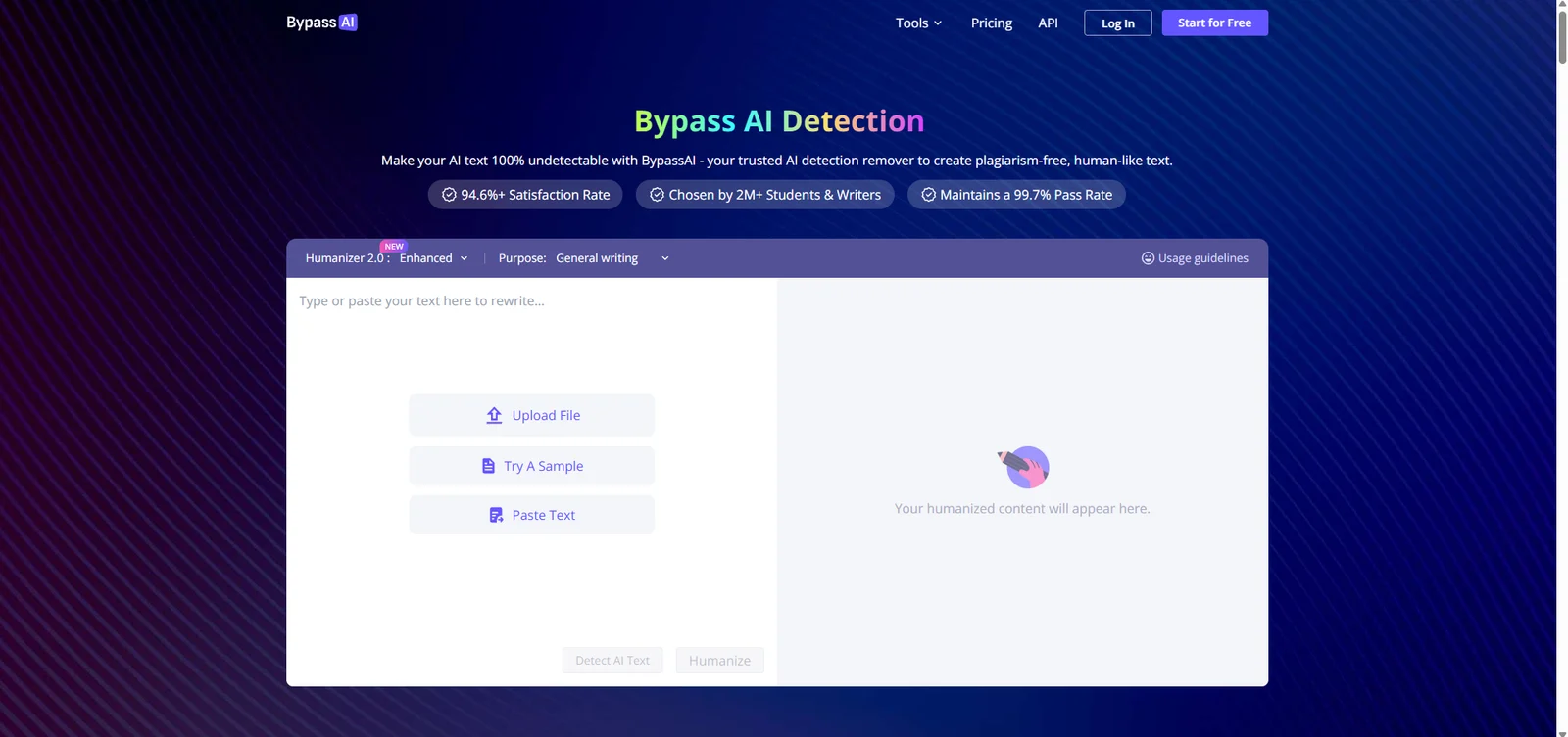 Bypass AI's humanizer page, with a text box and buttons to upload a file, try a sample or paste text
