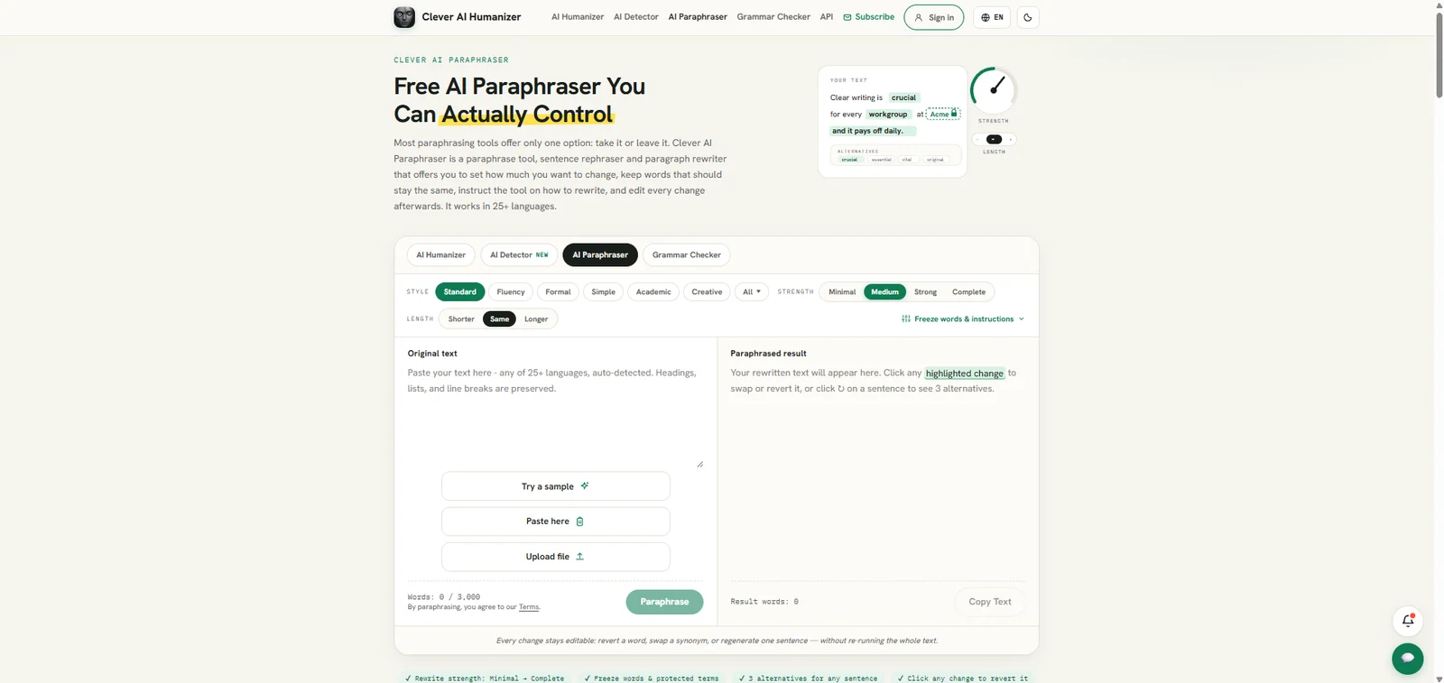 Clever AI Humanizer's homepage, with its rewriting tool, mode settings and the original and rewritten text panes
