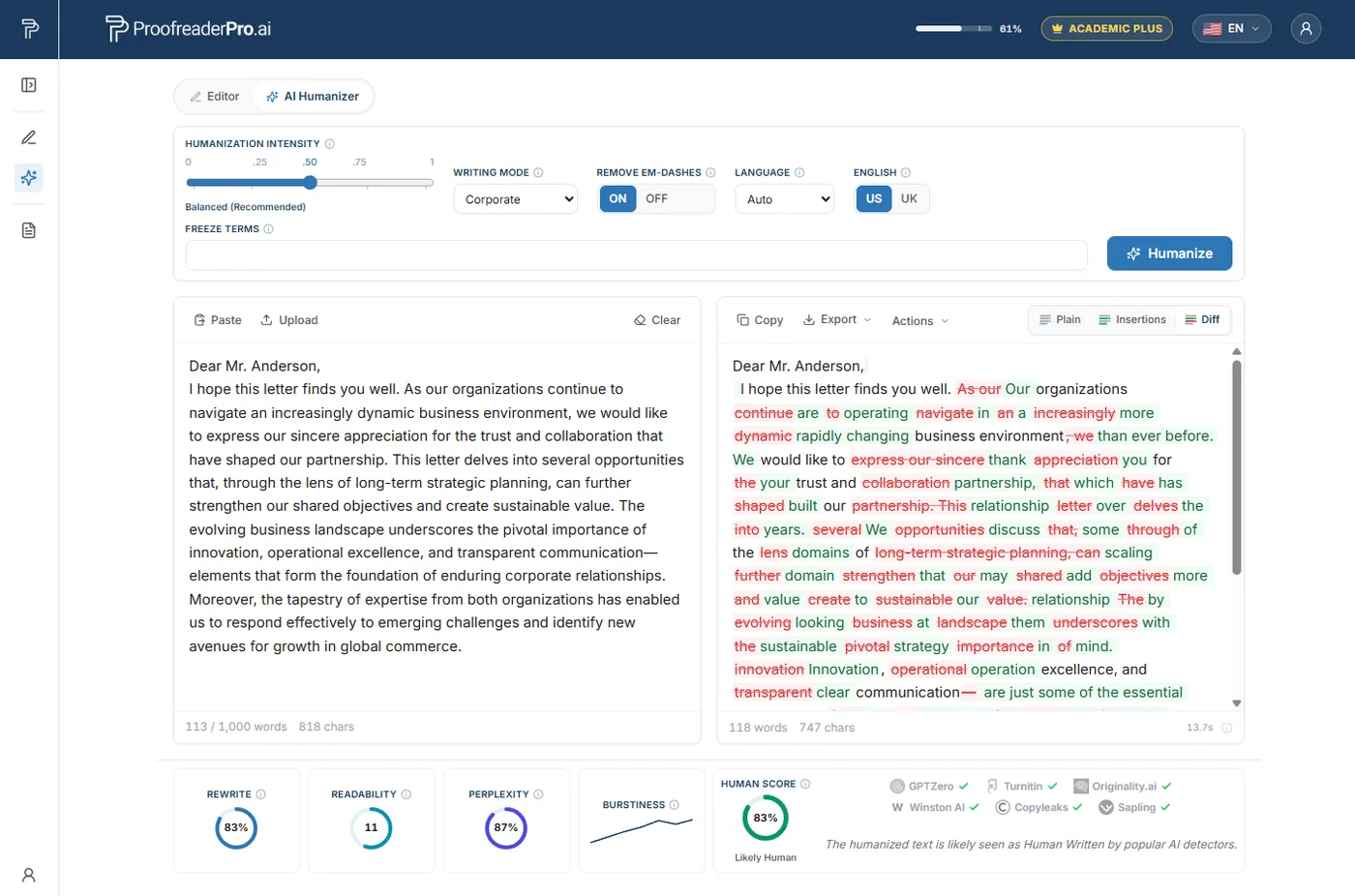 ProofreaderPro humanizing an AI-drafted business report into on-brand corporate copy