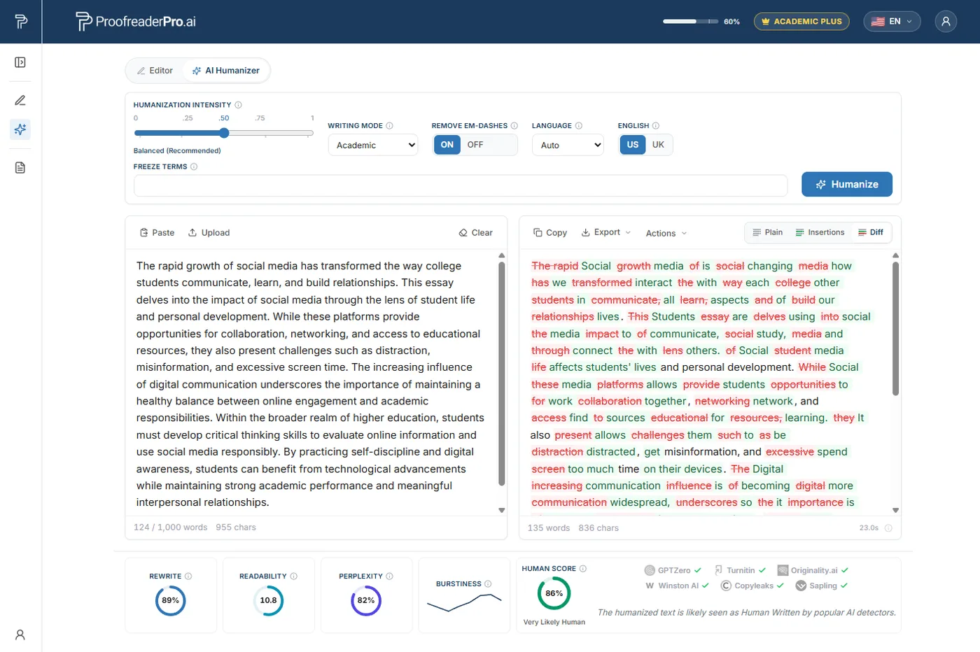 ProofreaderPro humanizing an AI-assisted college essay in Academic mode with citations protected