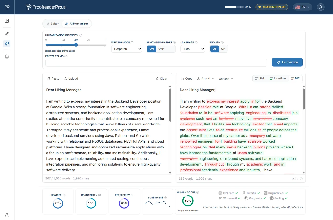 ProofreaderPro humanizing an AI-drafted cover letter into a specific, human voice