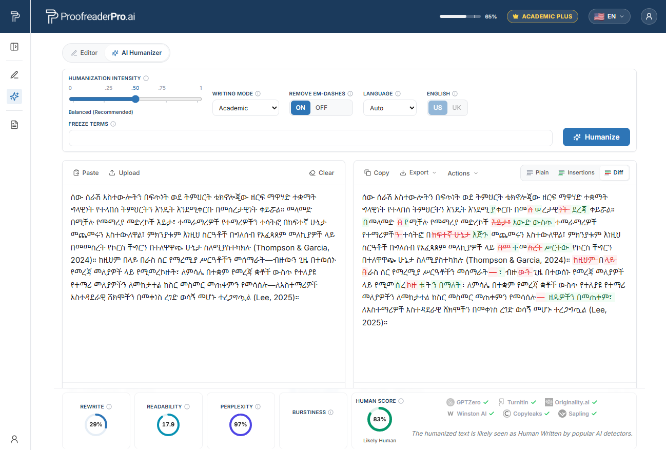 ProofreaderPro AI Humanizer pro lidsky přepisuje amharický akademický text, zobrazuje rozdíl před a po a kontroluje detektory