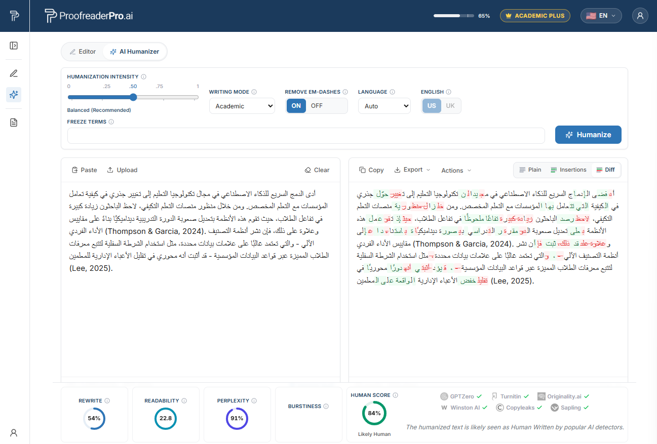 ProofreaderPro AI Humanizer humanizing Arabic academic text, showing the before and after diff and detector checks