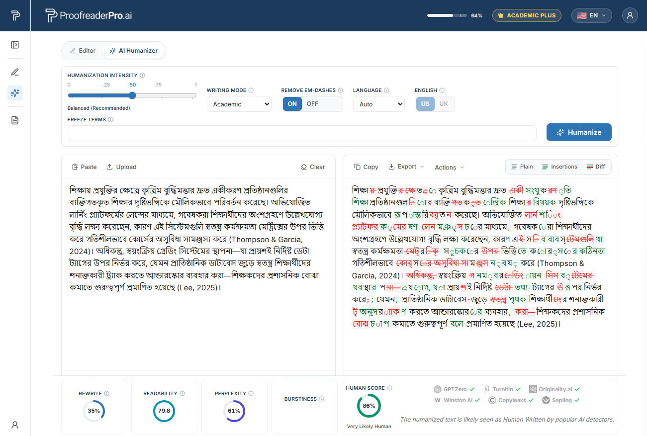 ProofreaderPro AI Humanizer humanizing Bengali academic text, showing the before and after diff and detector checks