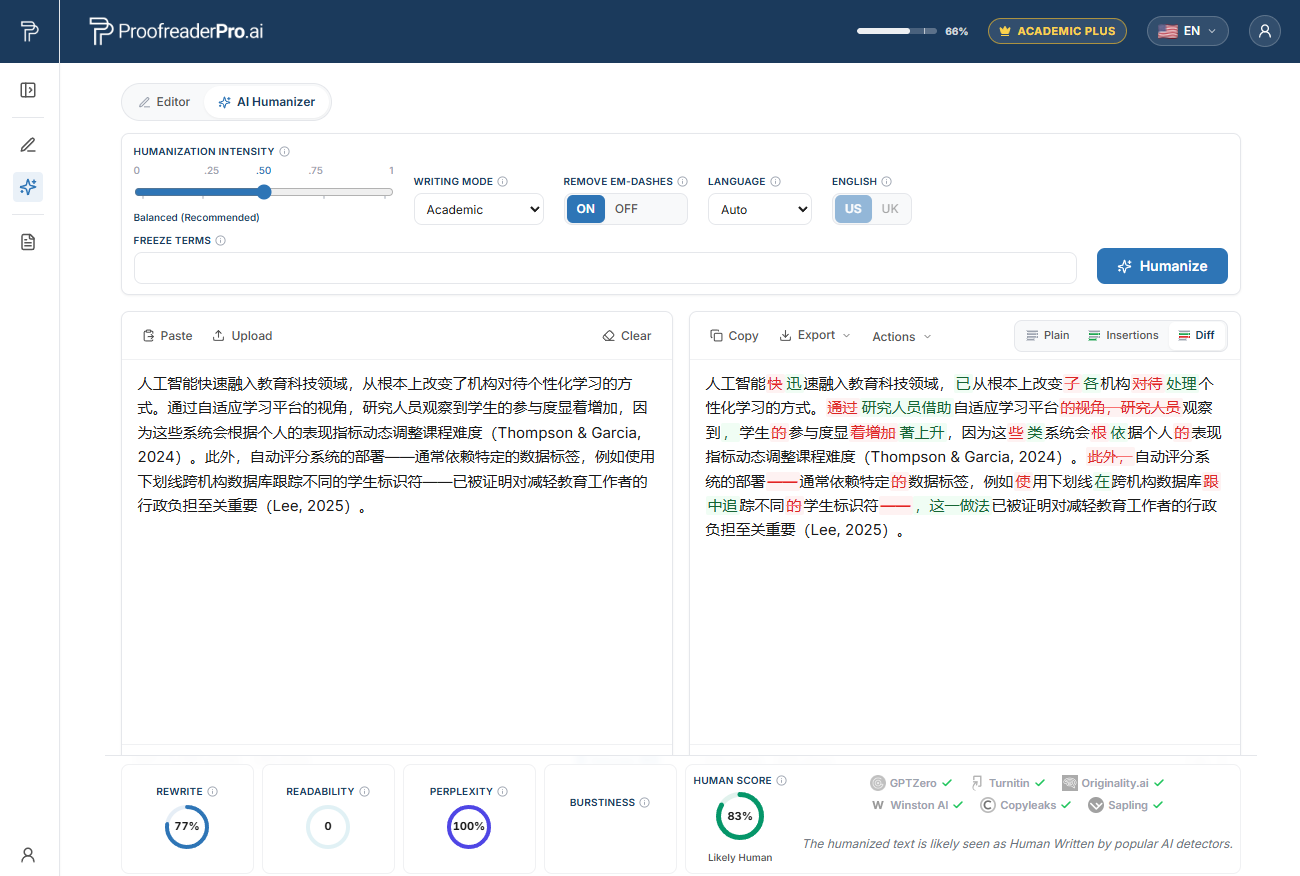 ProofreaderPro AI Humanizer humanizing Chinese academic text, showing the before and after diff and detector checks