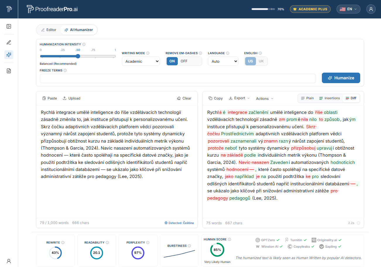 ProofreaderPro AI Humanizer humanizing Czech academic text, showing the before and after diff and detector checks