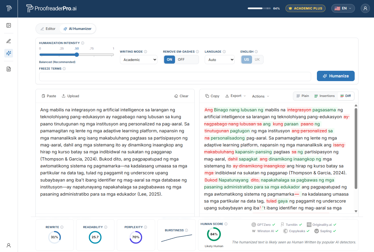 ProofreaderPro AI Humanizer humanizing Filipino academic text, showing the before and after diff and detector checks