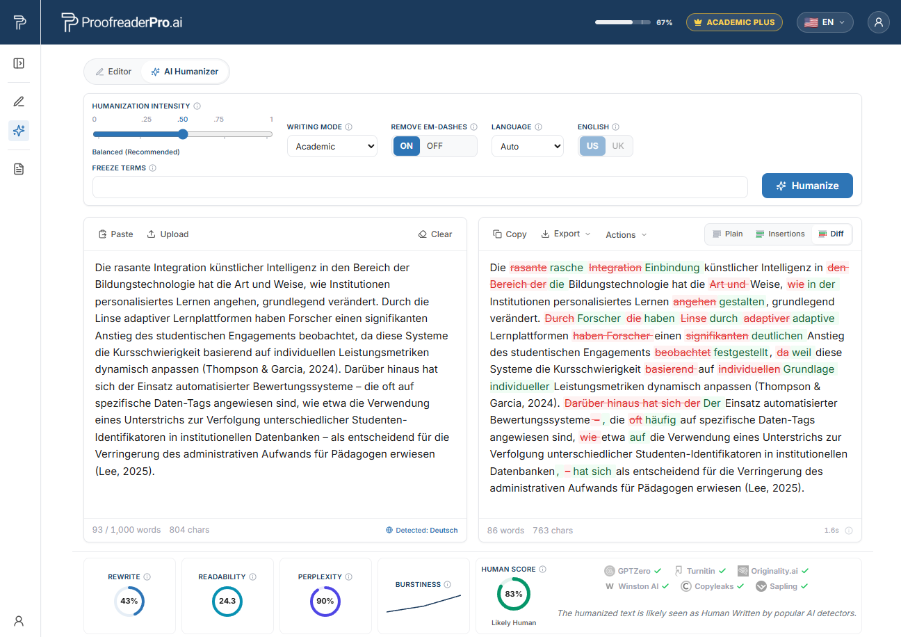 ProofreaderPro AI Humanizer humanizing German academic text, showing the before and after diff and detector checks