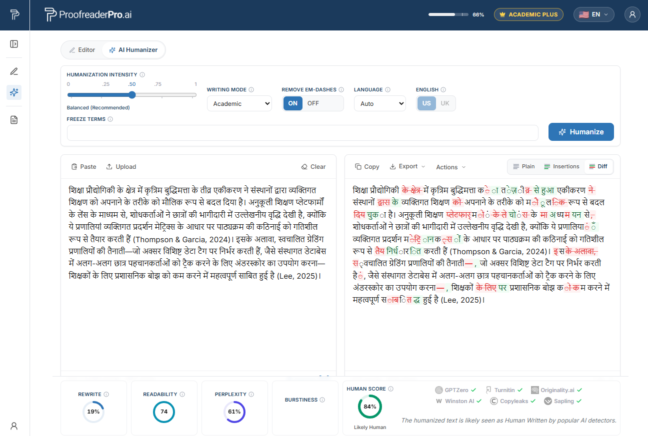 ProofreaderPro AI Humanizer がヒンディー語の学術文を人間らしくし、ビフォーアフターの差分と検出チェックを表示する