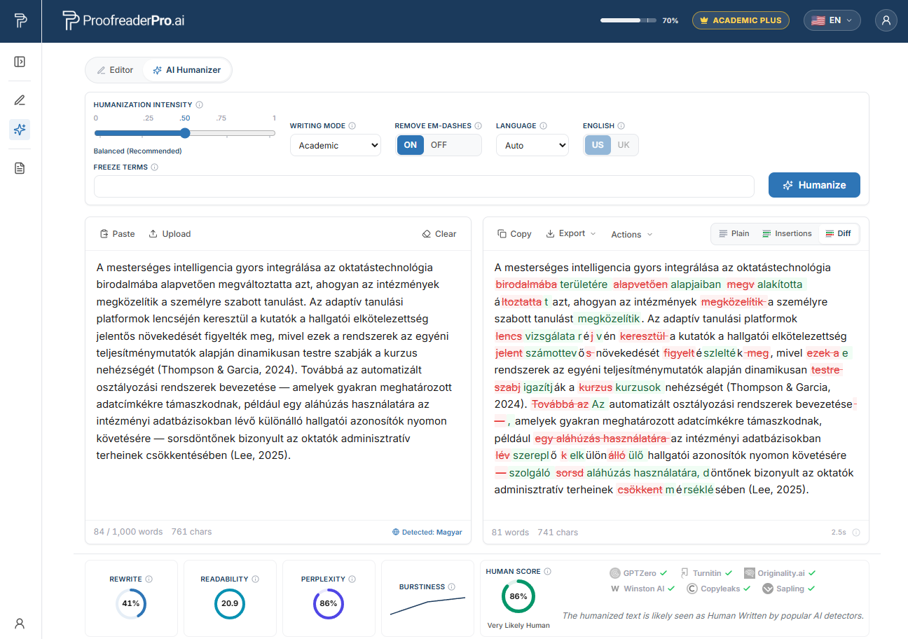 ProofreaderPro AI Humanizer humanizing Hungarian academic text, showing the before and after diff and detector checks
