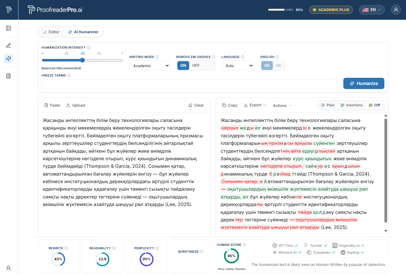 ProofreaderPro AI Humanizer humanizing Kazakh academic text, showing the before and after diff and detector checks