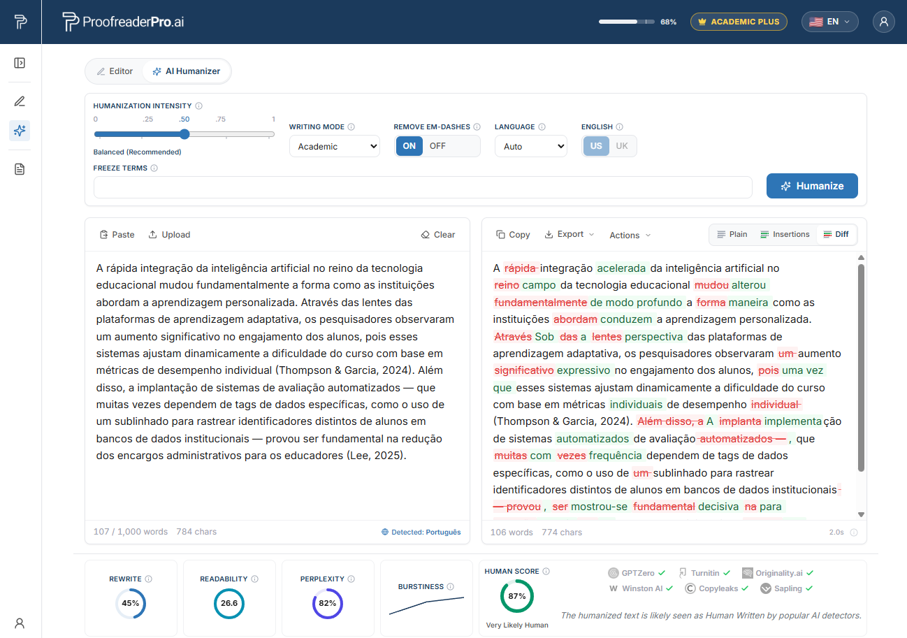 ProofreaderPro AI Humanizer humanizing Portuguese academic text, showing the before and after diff and detector checks