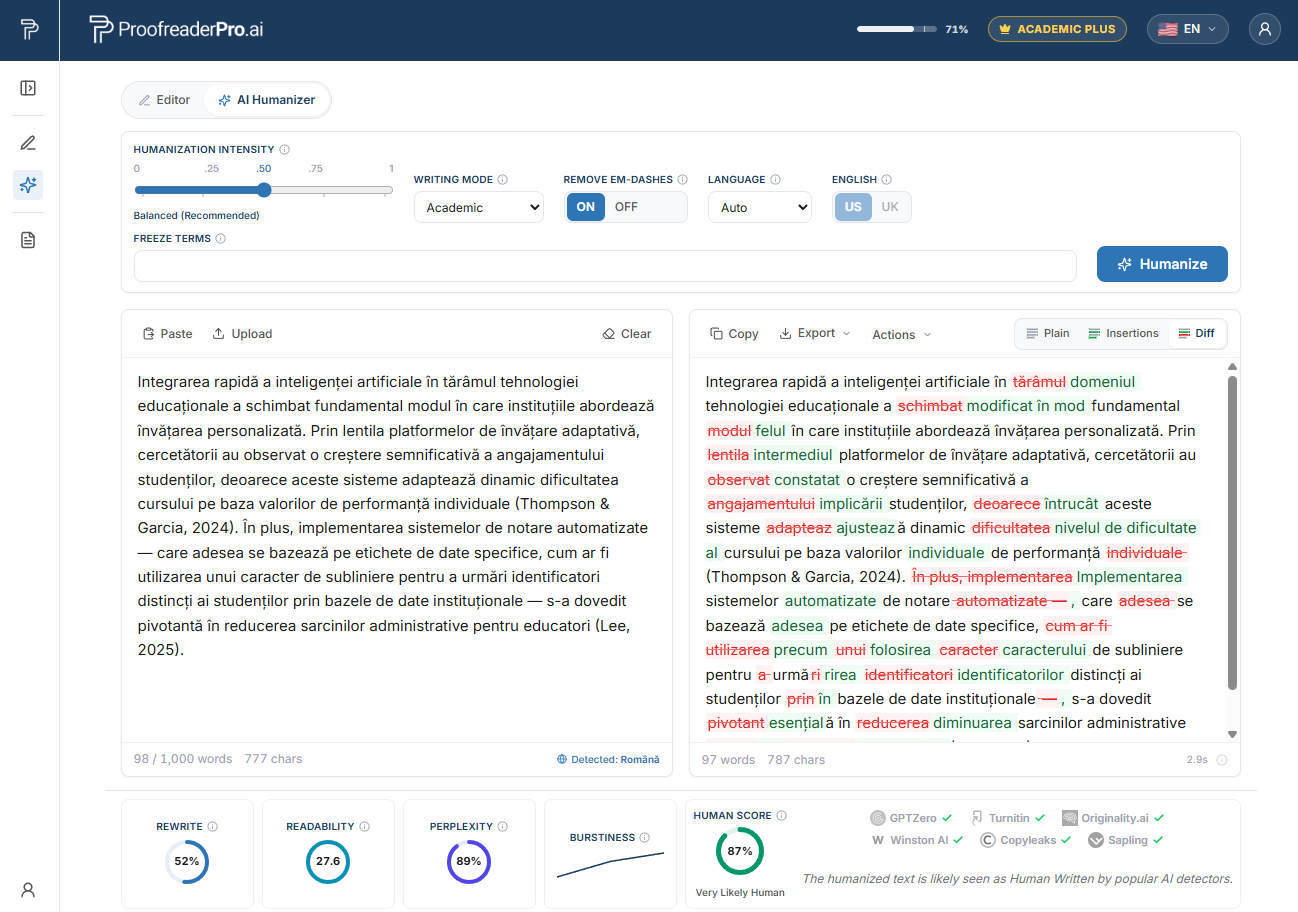 ProofreaderPro AI Humanizer humanizing Romanian academic text, showing the before and after diff and detector checks