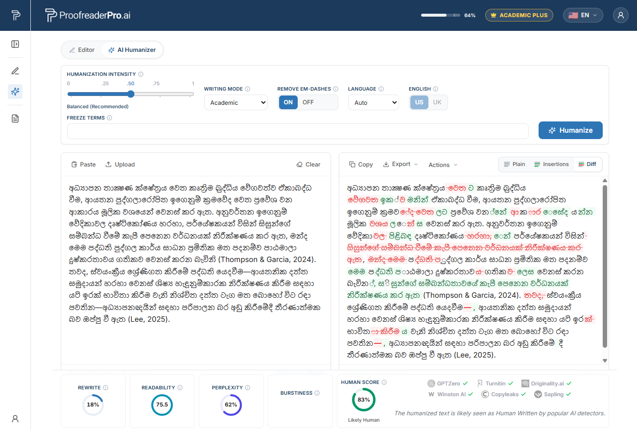ProofreaderPro AI Humanizer humanizing Sinhala academic text, showing the before and after diff and detector checks