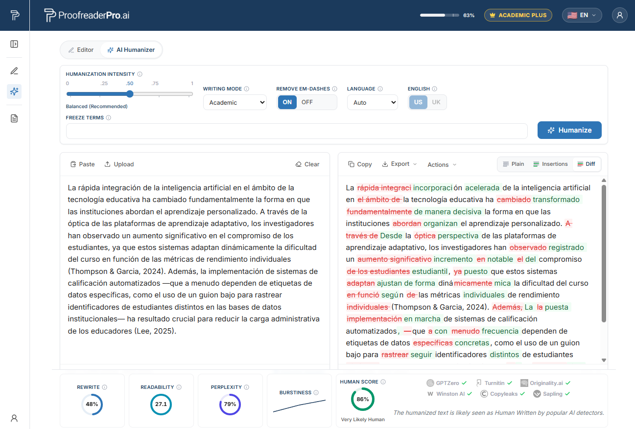 ProofreaderPro AI Humanizer humanizing Spanish academic text, showing the before and after diff and detector checks