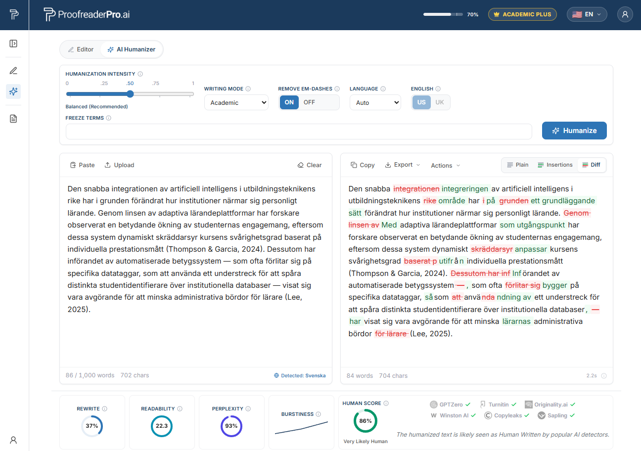 ProofreaderPro AI Humanizer humanizing Swedish academic text, showing the before and after diff and detector checks