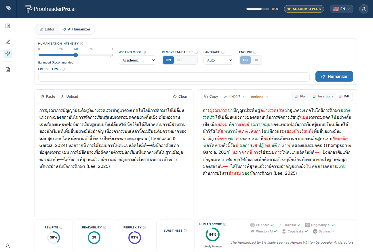 ProofreaderPro AI Humanizer humanizing Thai academic text, showing the before and after diff and detector checks