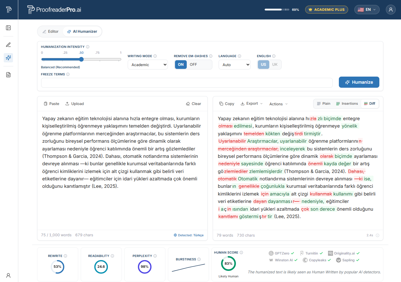 ProofreaderPro AI Humanizer humanizing Turkish academic text, showing the before and after diff and detector checks