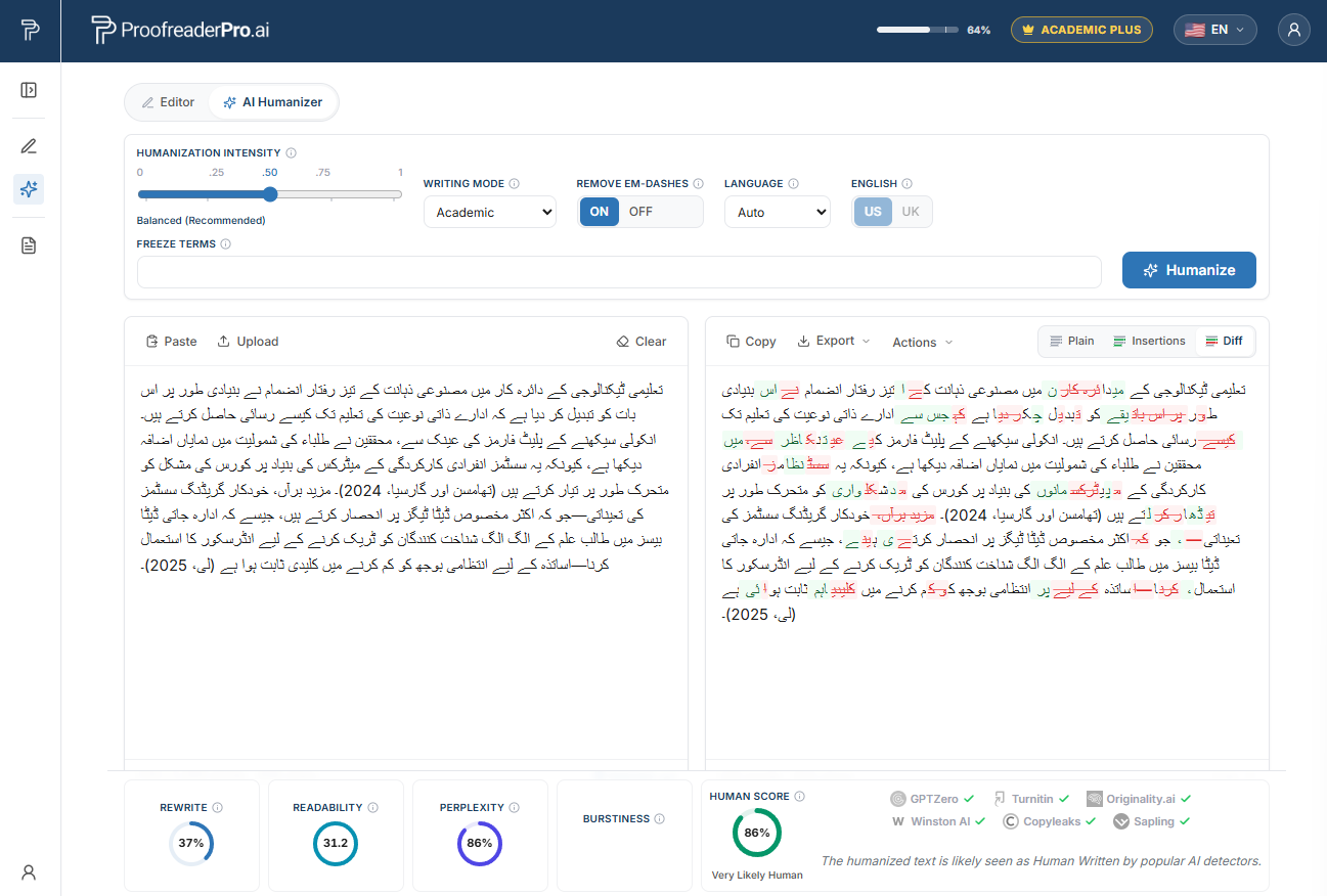 ProofreaderPro AI Humanizer humanizuje urdsky psaný akademický text; zobrazuje rozdíl před a po a kontrolu detektorů