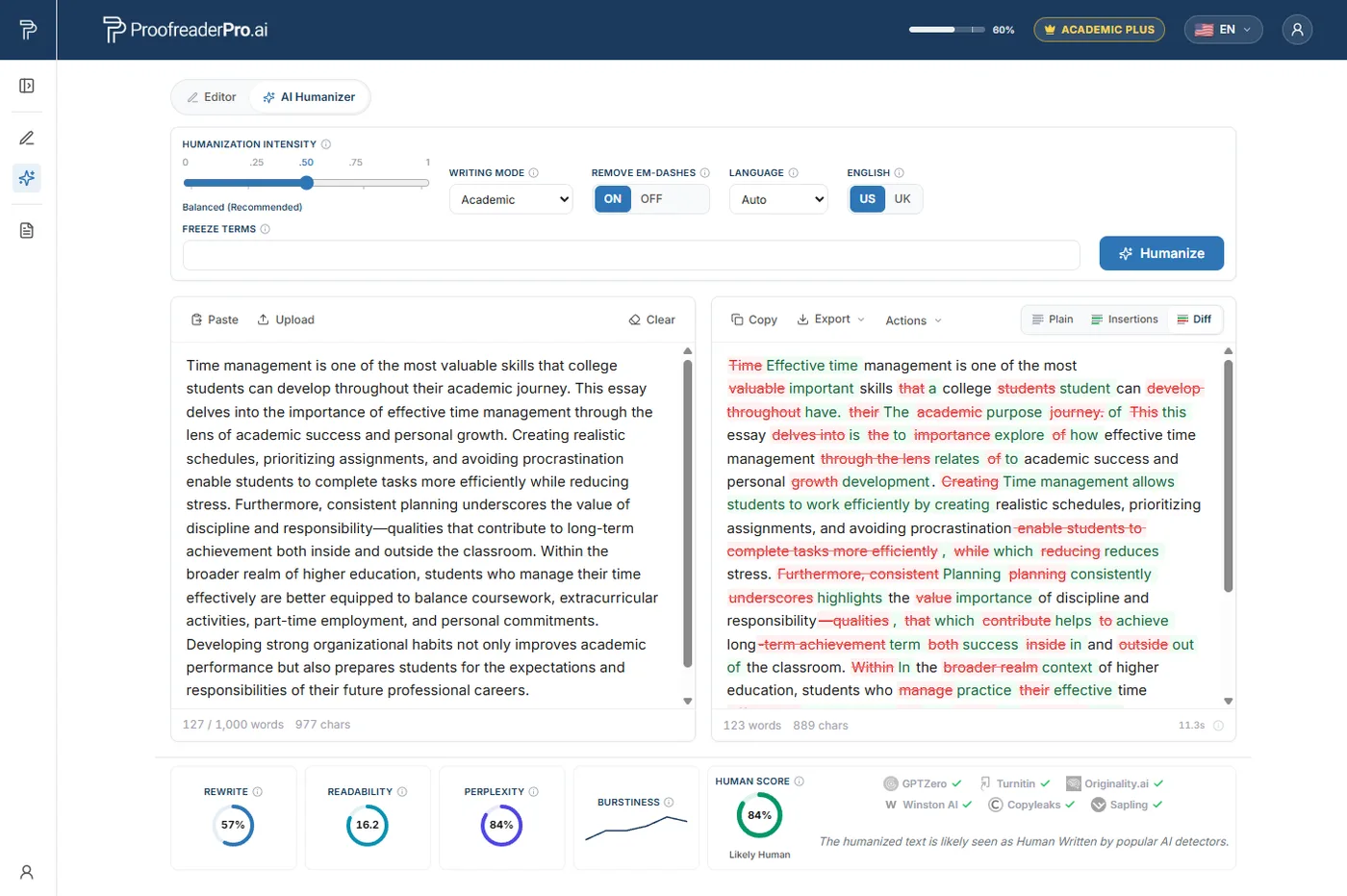 ProofreaderPro humanizing a non-native, AI-translated draft into confident, natural academic English