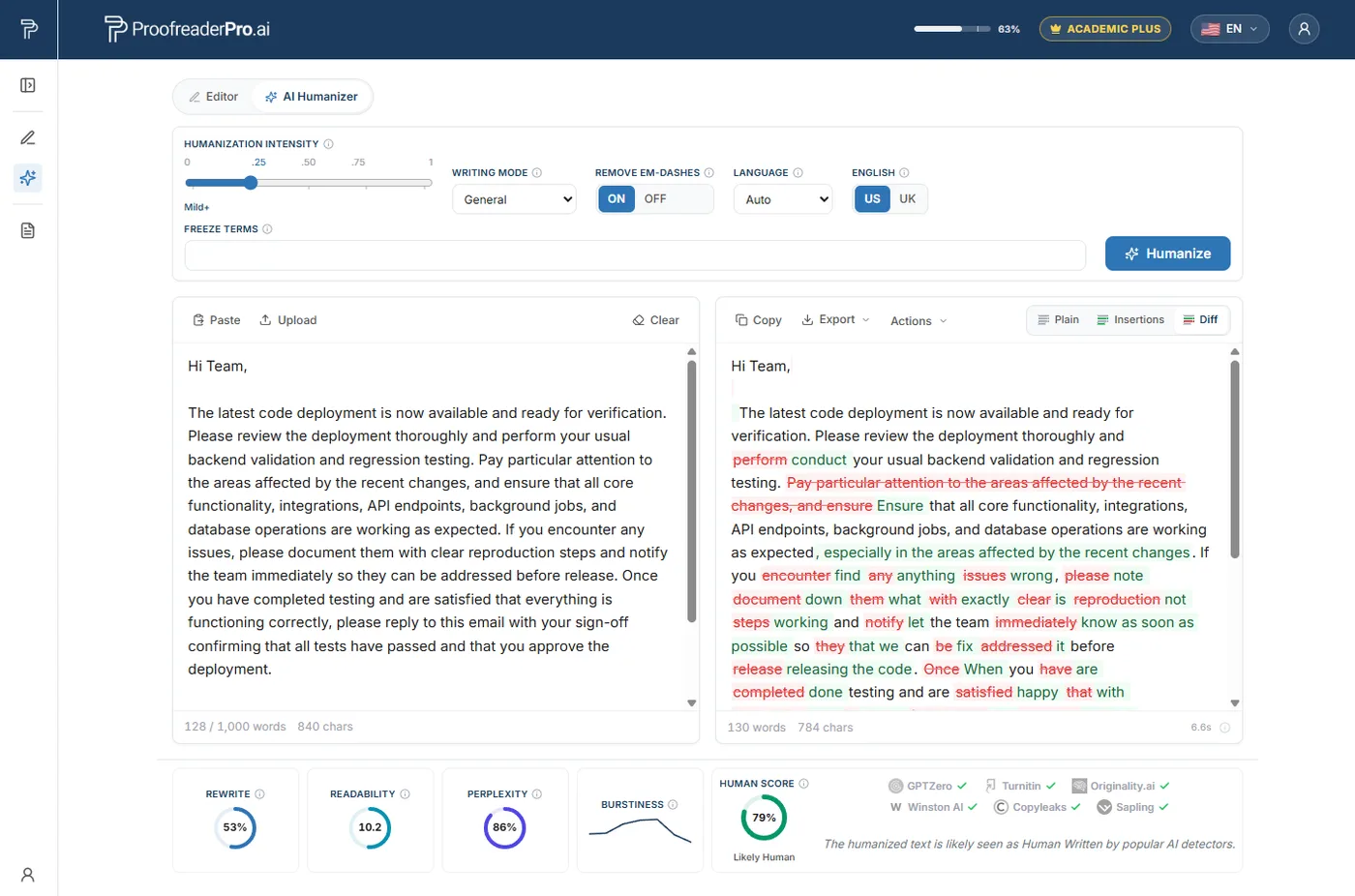 ProofreaderPro humanizing an AI draft in General mode into a natural, human voice