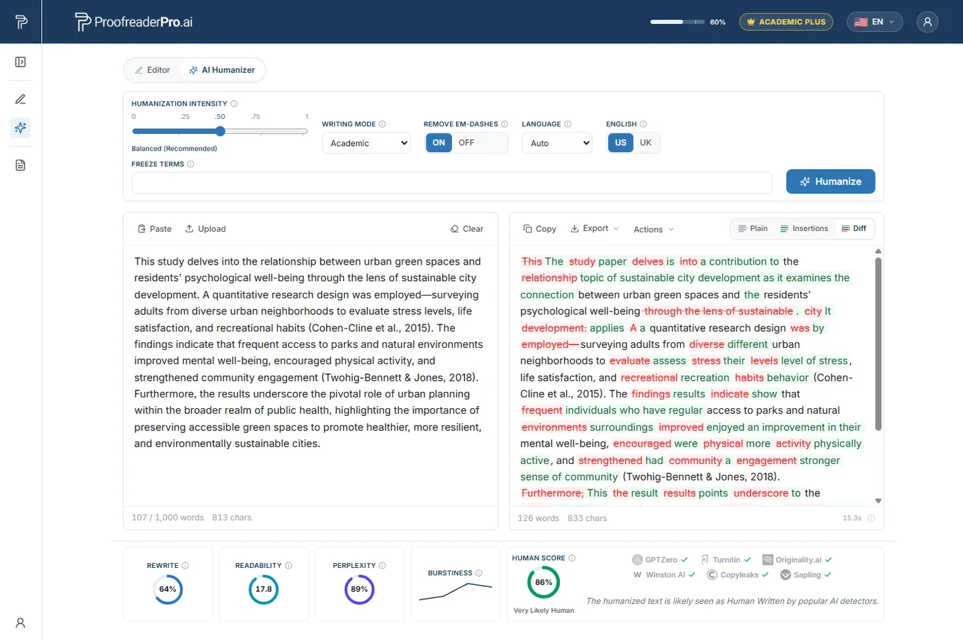 ProofreaderPro humanizing an AI-assisted research paper in Academic mode, shown with tracked changes