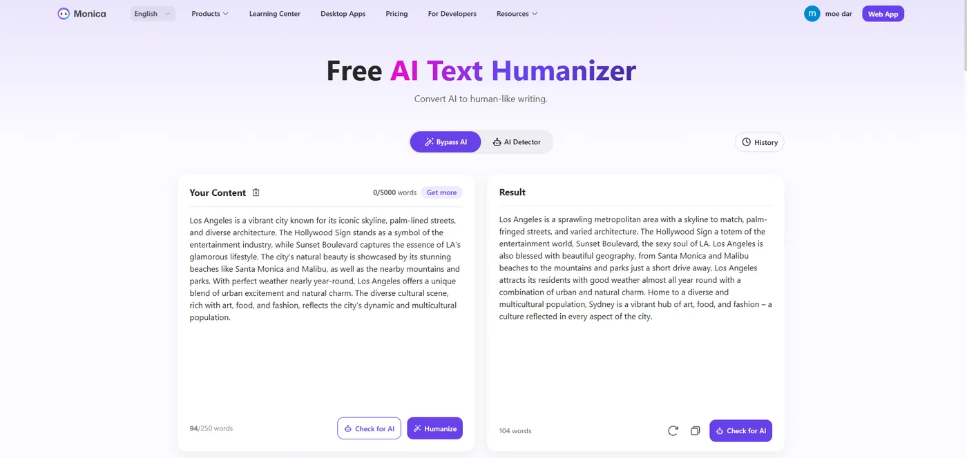 Monica AI's free humanizer page showing the Los Angeles sample text and its rewritten result