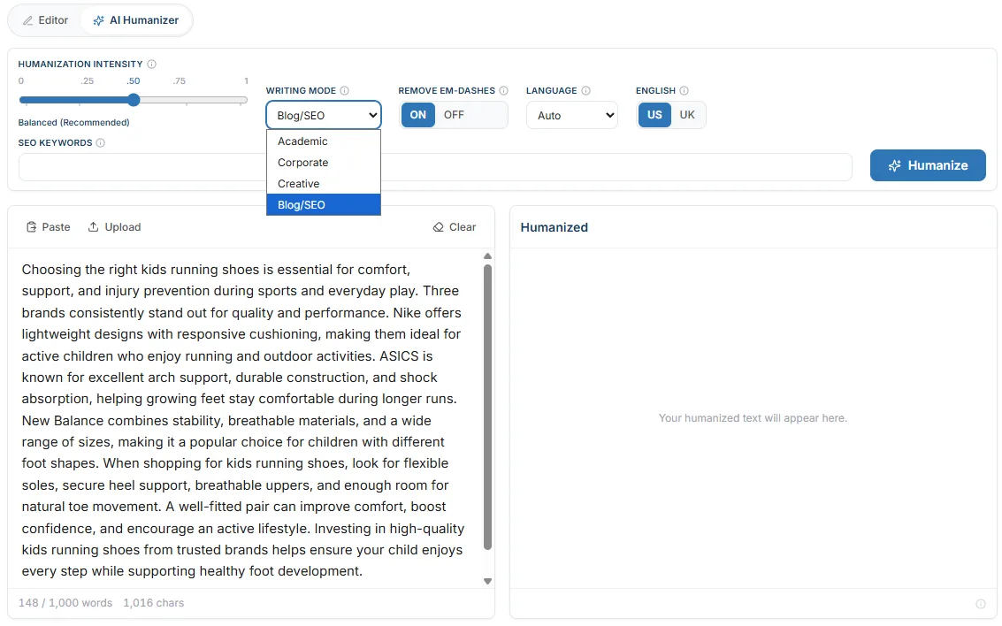 Choosing Blog/SEO writing mode in the ProofreaderPro AI humanizer dashboard