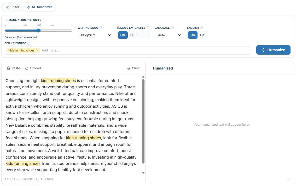 Adding primary, secondary, and long-tail SEO keywords so the Blog/SEO humanizer protects them